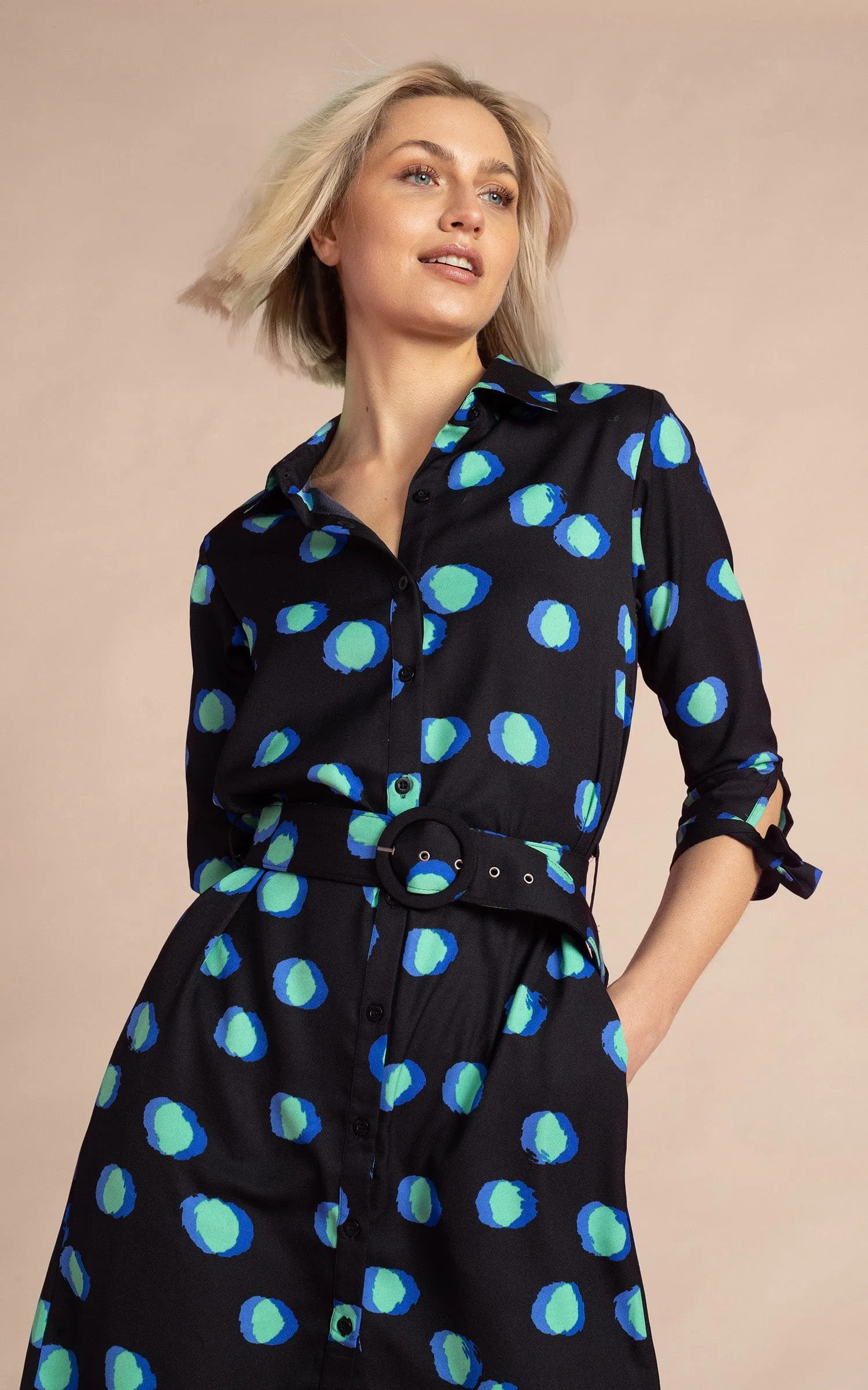 Jonah Mini Shirt Dress in Polka Dot Blue on Black