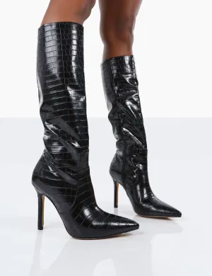 Kenza X Public Desire Rosalie Black Croc Heeled Knee High Boots