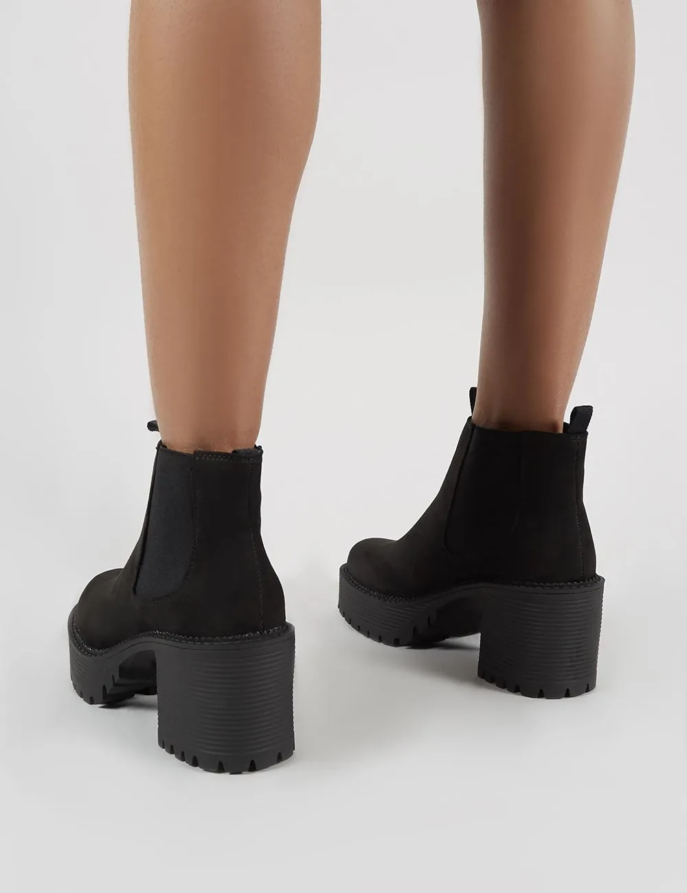 Melia Heeled Chlesea Boots in Black Faux Suede