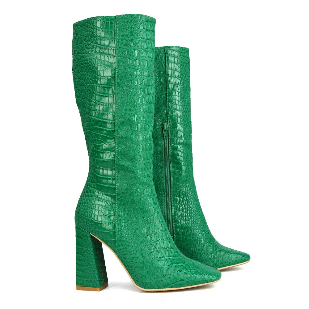 Mina Croc Print Pointed Toe Knee High Mid-Calf Block Heeled Long Boots in Orange