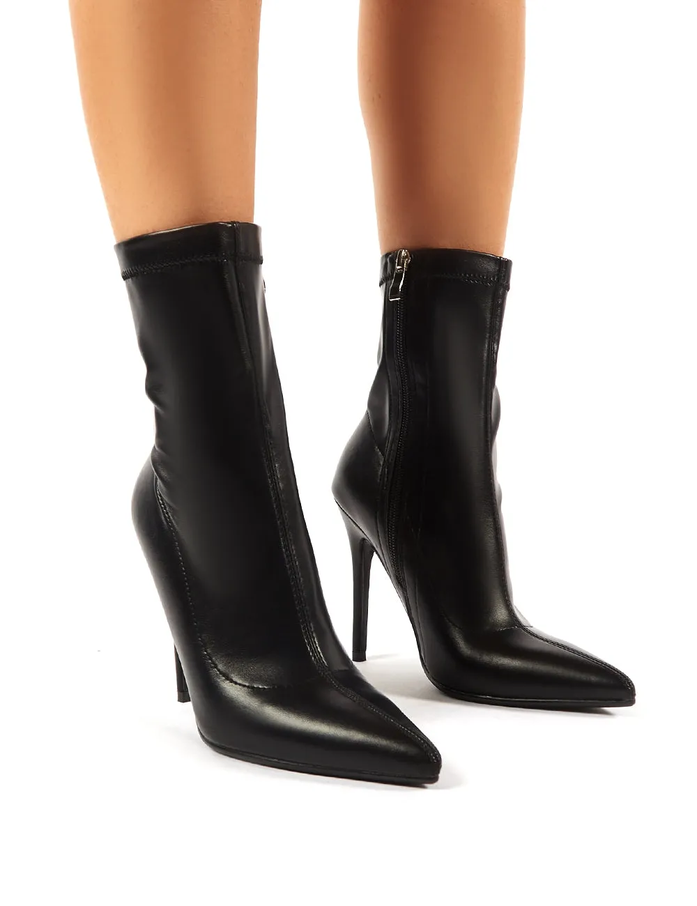 Must Black PU Sock Fit Stiletto Heeled Ankle Boots