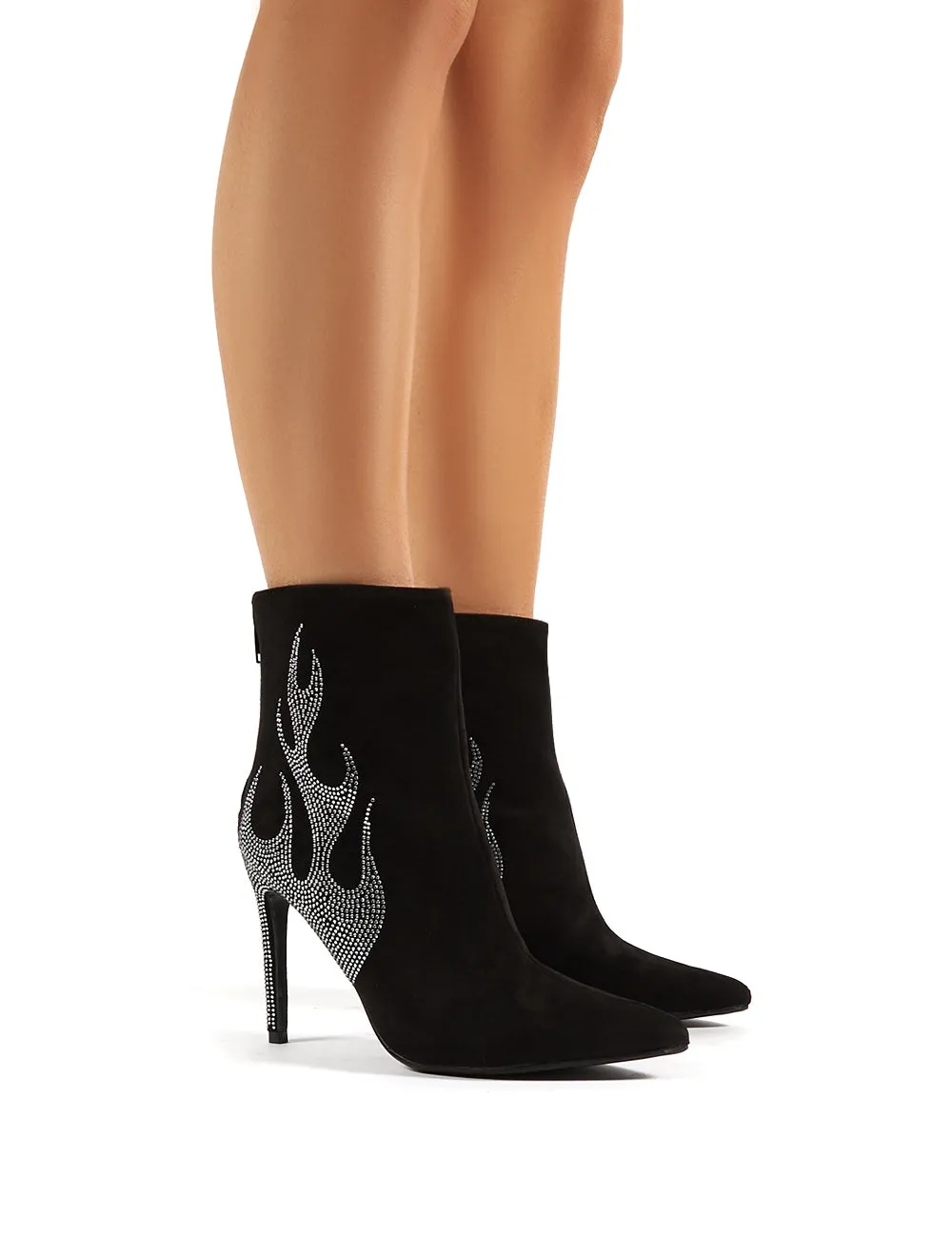 On Fire Black Suede Diamante Flame Heeled Ankle Boots