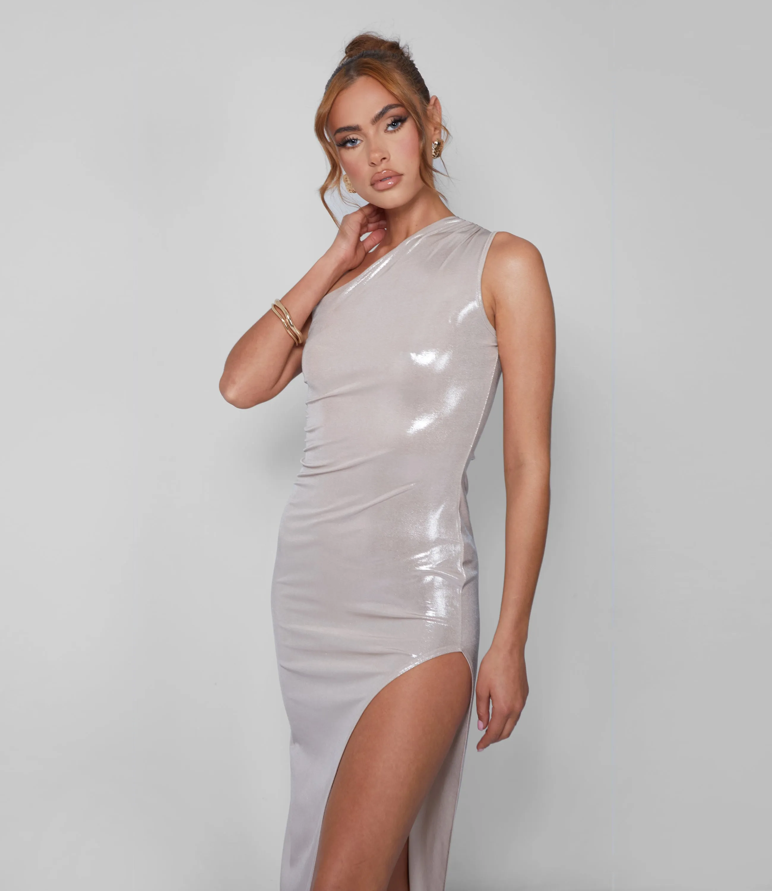 One Shoulder Ruched Metallic Midi Dress With Split Champagne