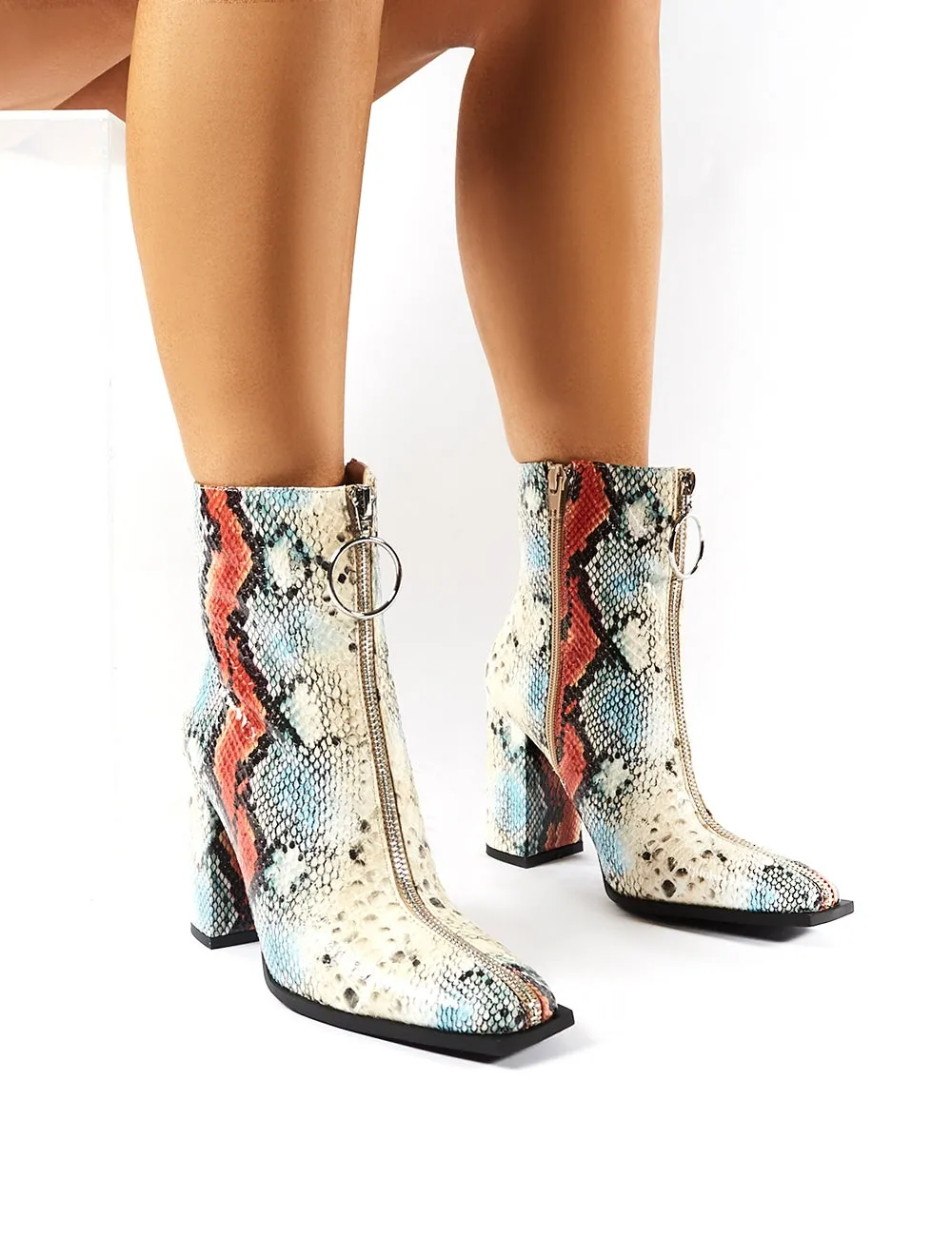 Payback Multi Snakeskin Zip Up Block Heeled Ankle Boots