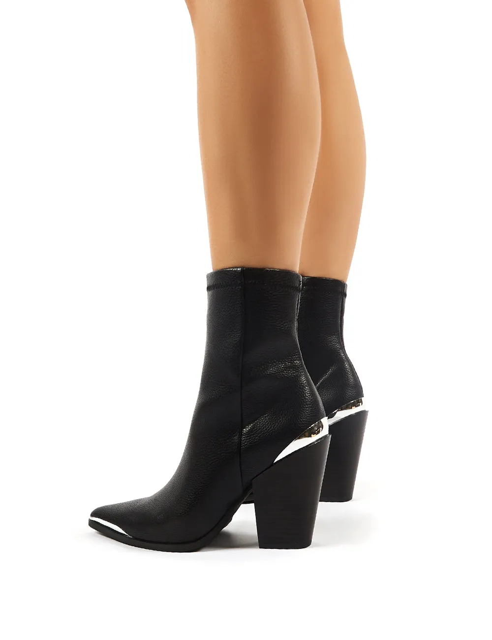 Phoenix Black PU Block Heeled Western Ankle Boots