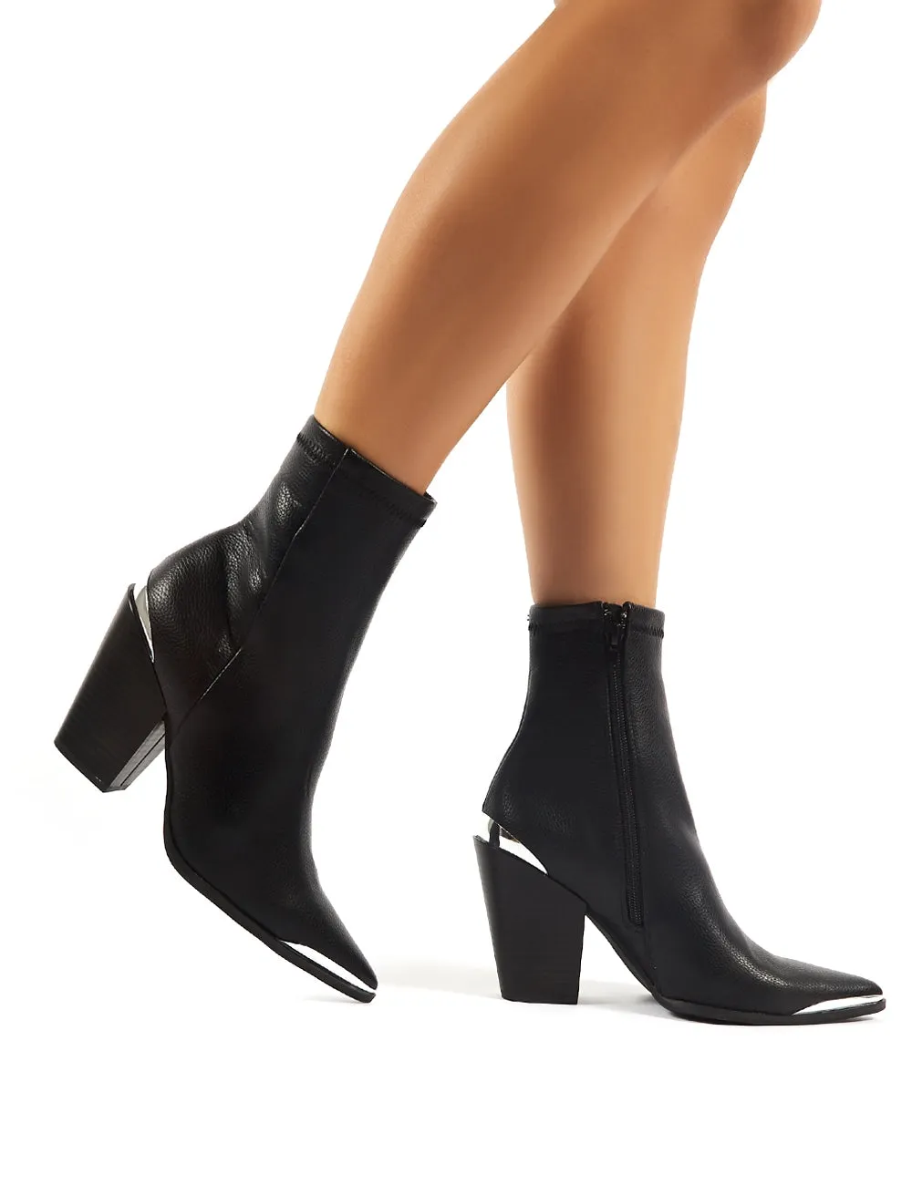 Phoenix Black PU Block Heeled Western Ankle Boots