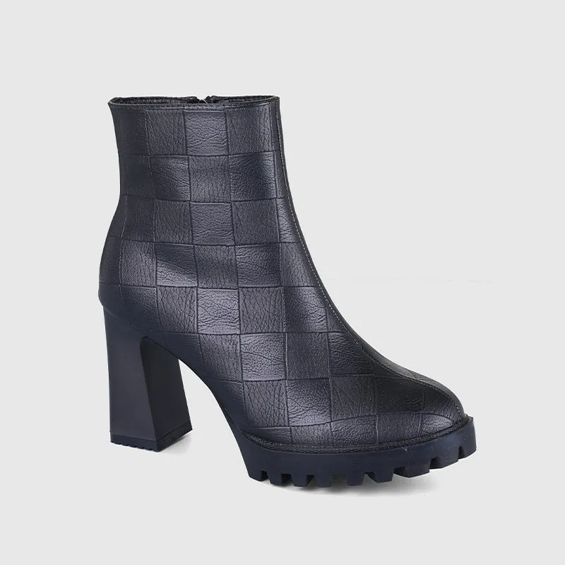 Plaid Pattern Chunky Heeled Ankle Boots