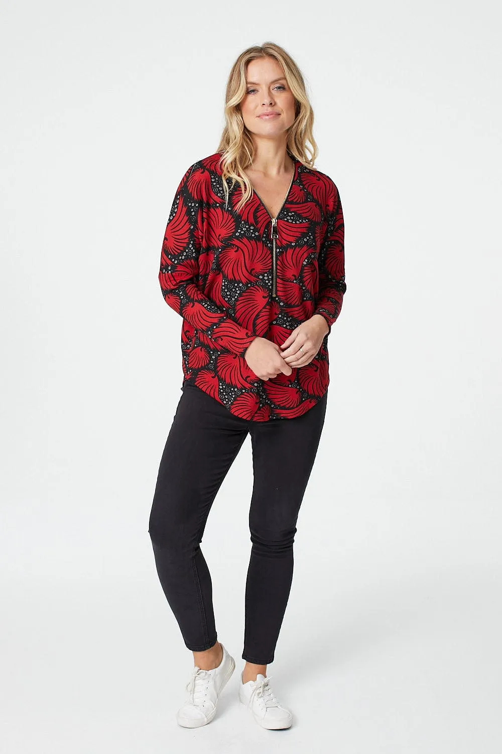 Printed Zip Front Long Sleeve Jumper