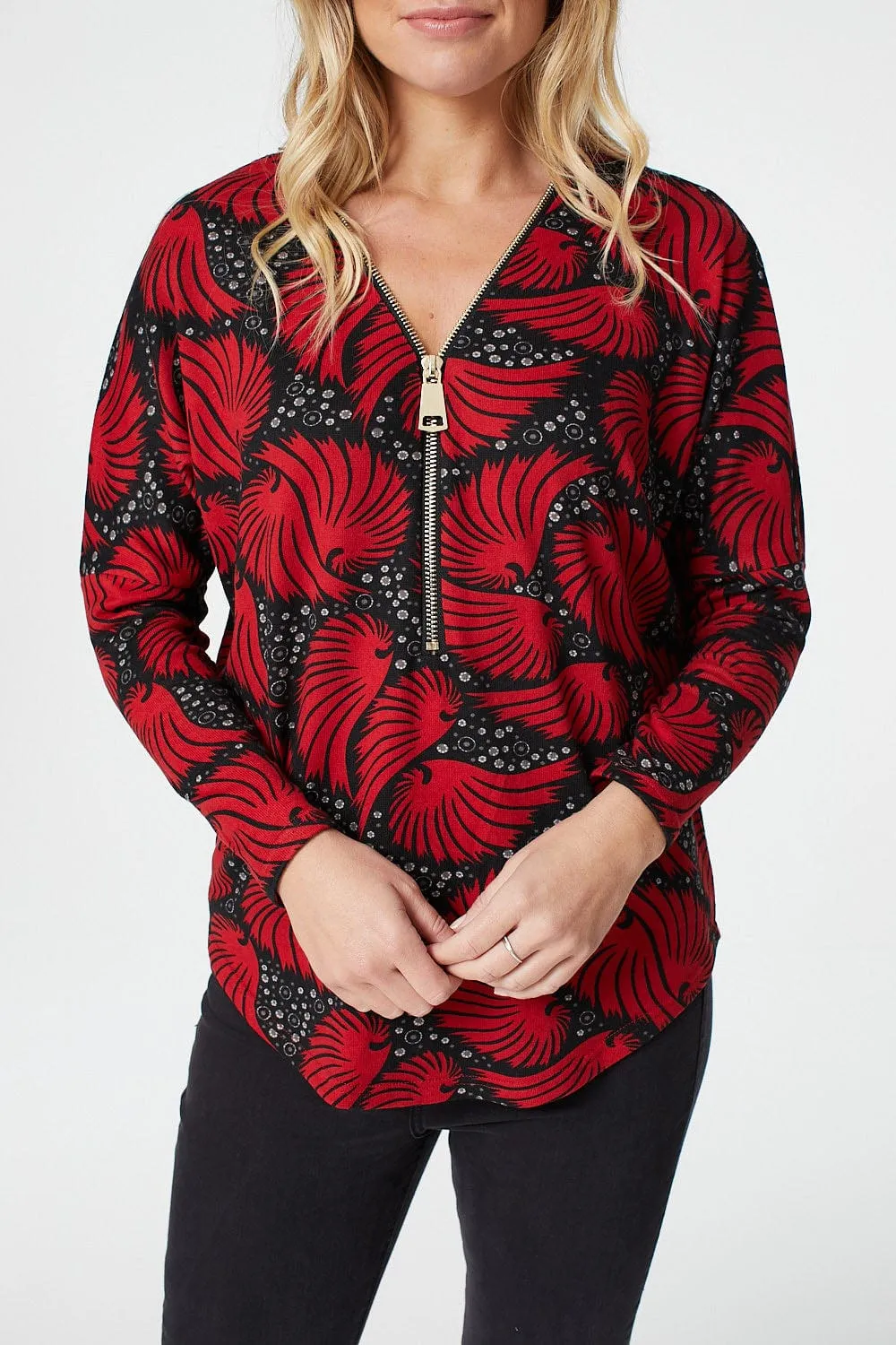 Printed Zip Front Long Sleeve Jumper