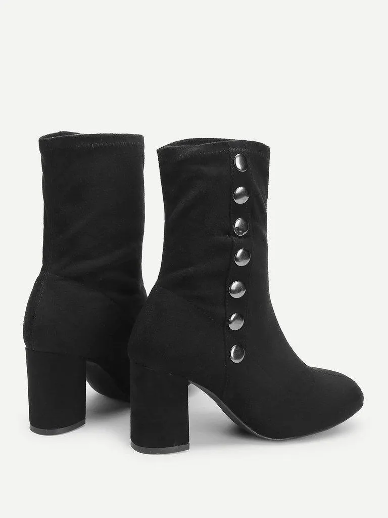 Side Button Block Heeled Suede Boots