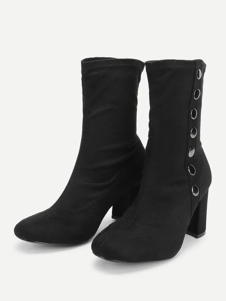 Side Button Block Heeled Suede Boots