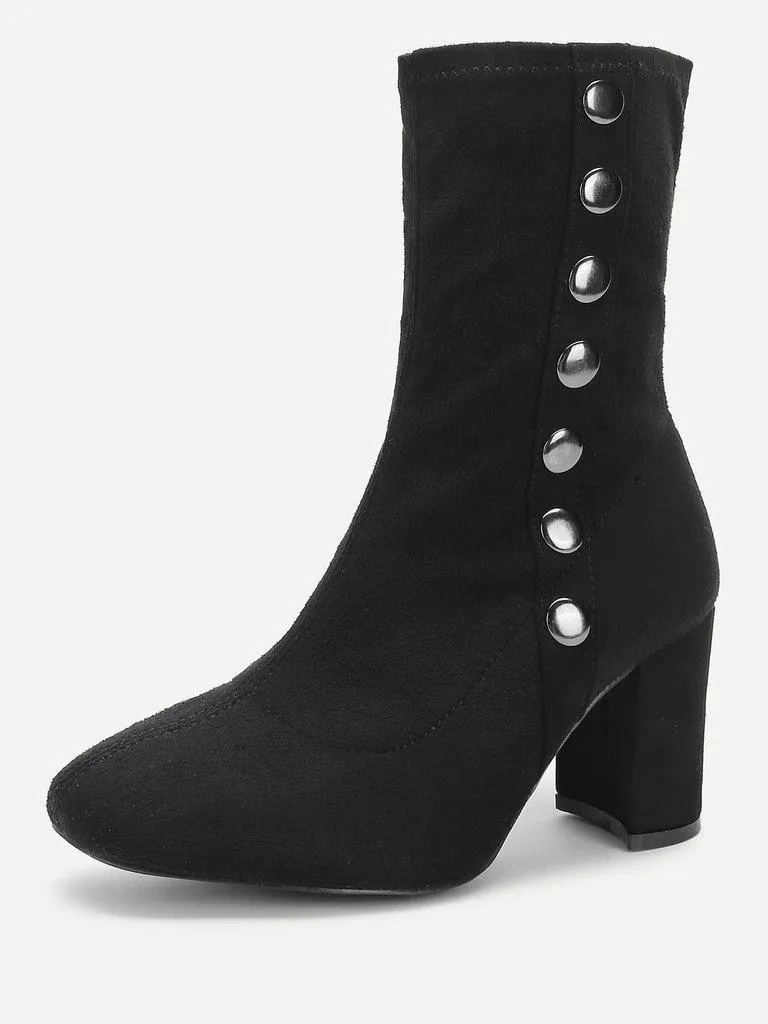 Side Button Block Heeled Suede Boots