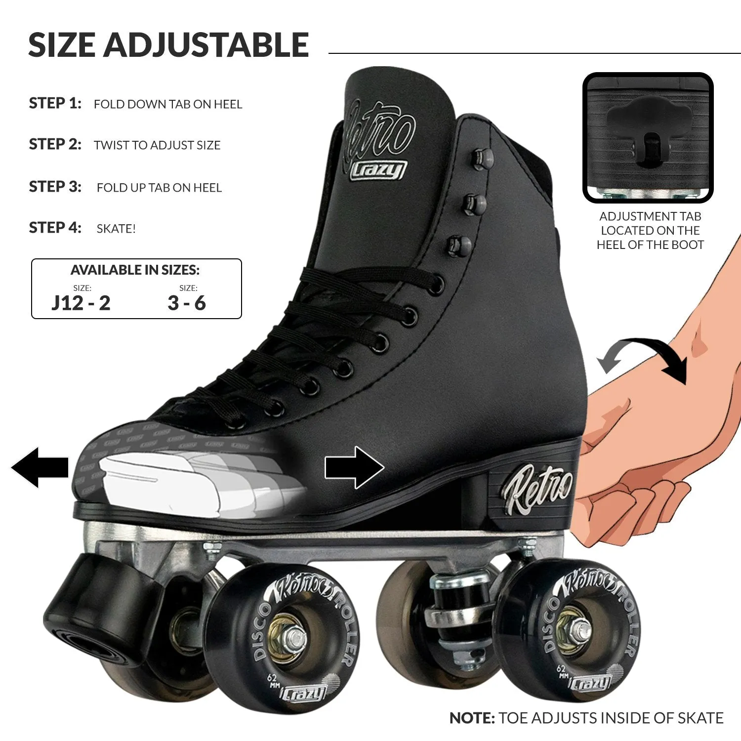 Warehouse Deal | RETRO Black - Size Adjustable Roller Skates