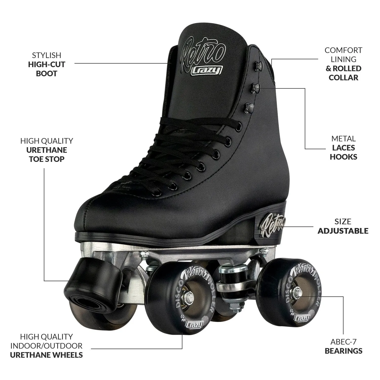 Warehouse Deal | RETRO Black - Size Adjustable Roller Skates