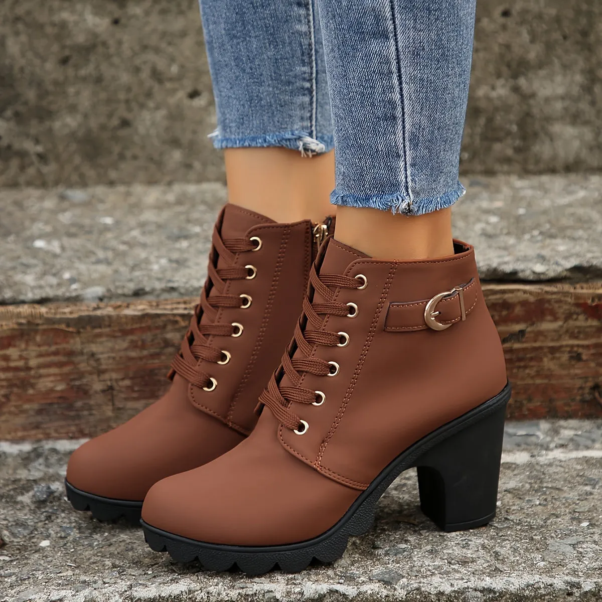 Women's Chunky Heeled Ankle Boots, Solid Color Lace Up & Side Zipper Boots, Retro High Heeled Short Boots