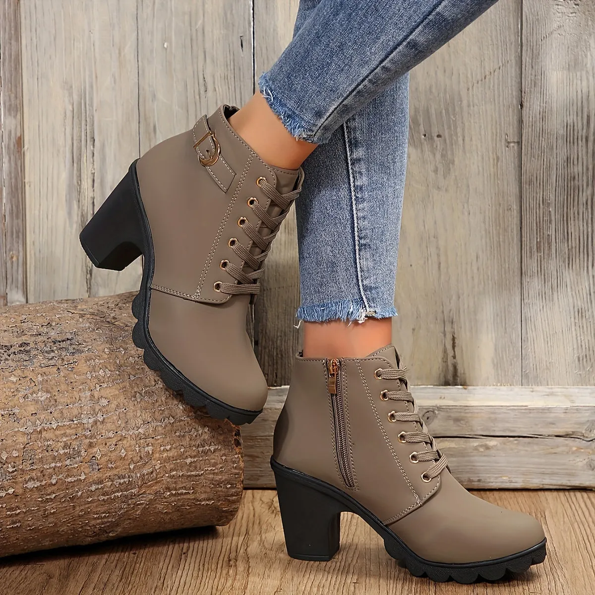 Women's Chunky Heeled Ankle Boots, Solid Color Lace Up & Side Zipper Boots, Retro High Heeled Short Boots