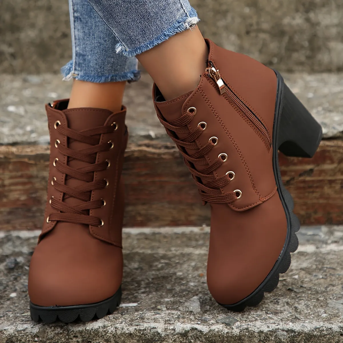 Women's Chunky Heeled Ankle Boots, Solid Color Lace Up & Side Zipper Boots, Retro High Heeled Short Boots