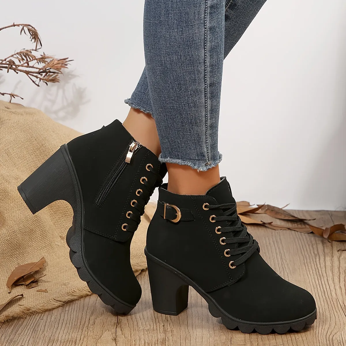 Women's Chunky Heeled Ankle Boots, Solid Color Lace Up & Side Zipper Boots, Retro High Heeled Short Boots