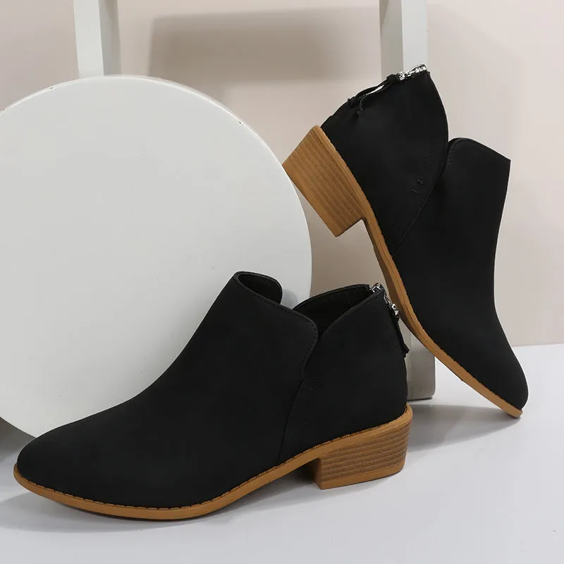 Women's Chunky Heeled Ankle Boots, Solid Color V-cut Back Zipper Shoes, Stacked Heeled Short Boots