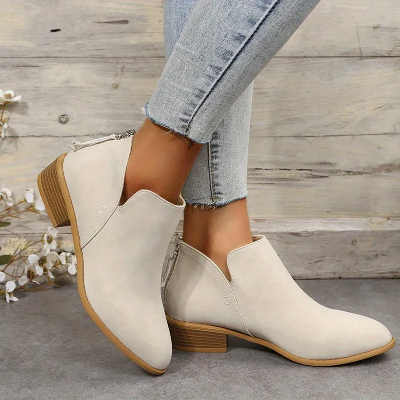 Women's Chunky Heeled Ankle Boots, Solid Color V-cut Back Zipper Shoes, Stacked Heeled Short Boots